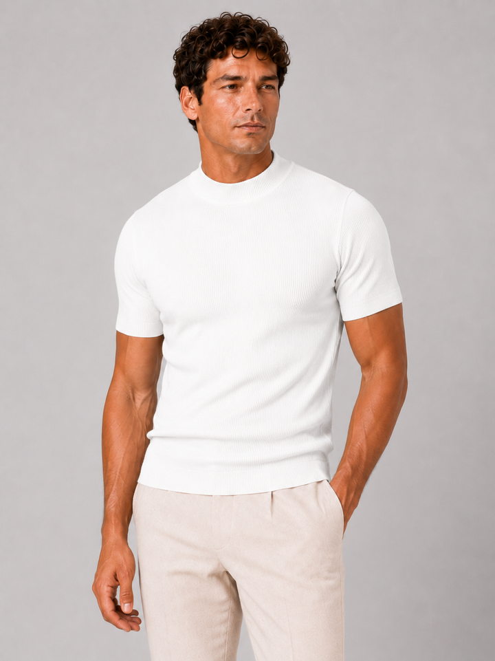 Geribd heren-T-shirt met opstaande kraag – aansluitende stretch top met korte mouwen