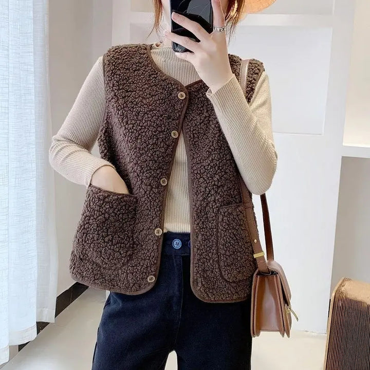 Vrouw draagt bruine fleece gilet, wintermode, casual stijl, comfortabele dameskleding, trendy vest met knopen, herfst-winter outfit.