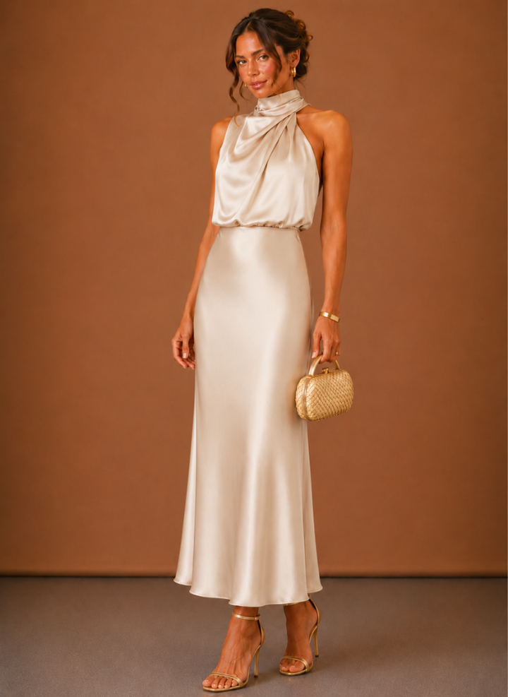 Satijnen maxi-jurk met halter voor dames – elegante jurk voor bruiloftsgasten