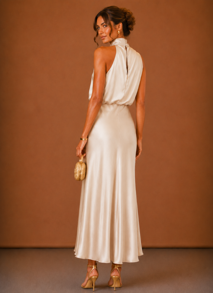 Satijnen maxi-jurk met halter voor dames – elegante jurk voor bruiloftsgasten