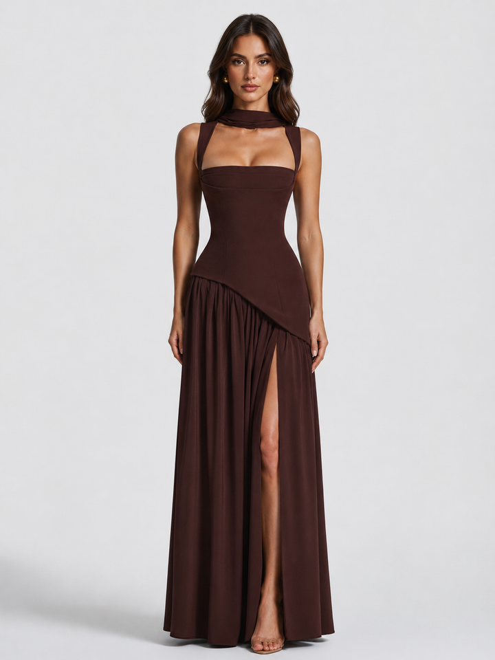 Sculpturaal gedrapeerde maxi-jurk met satijnlook