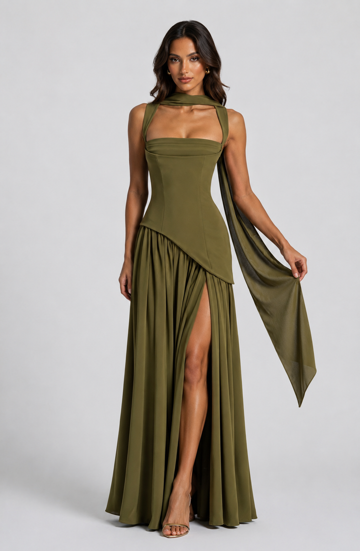 Sculpturaal gedrapeerde maxi-jurk met satijnlook