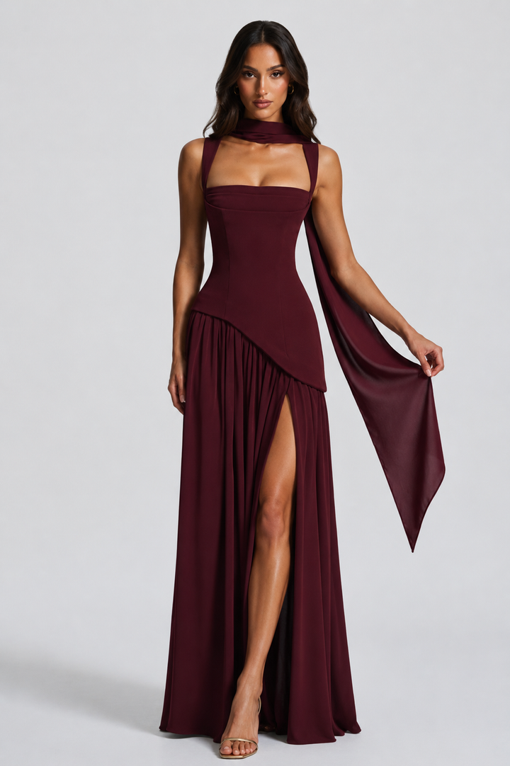 Sculpturaal gedrapeerde maxi-jurk met satijnlook