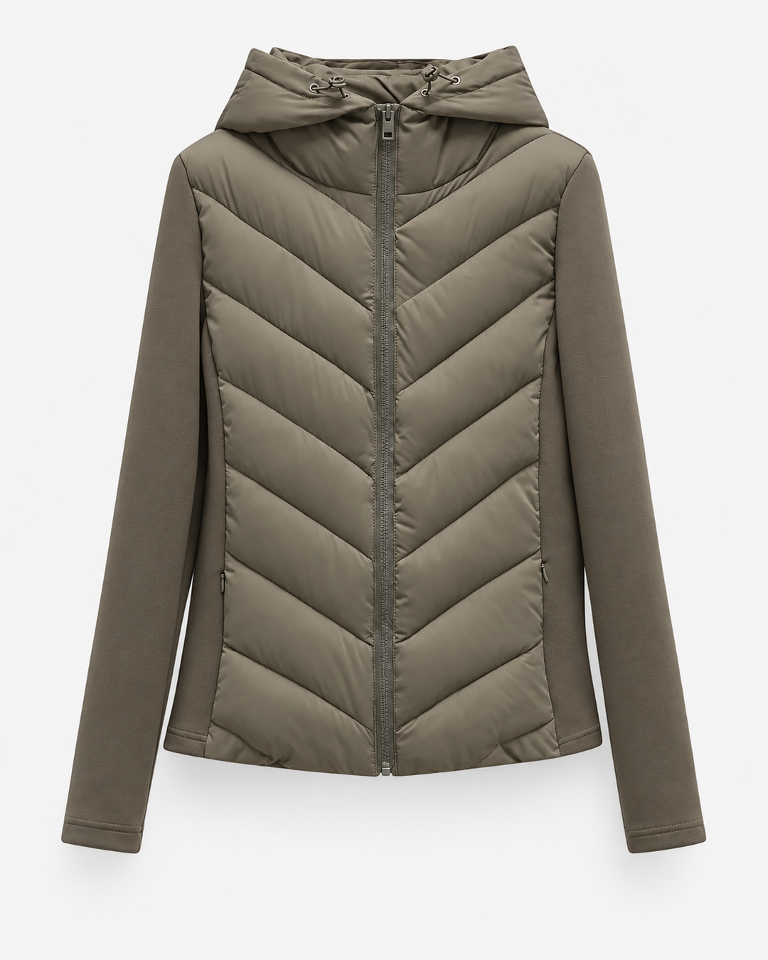 Pufferjas voor dames met capuchon, chevron-stiksels en rits aan de voorkant