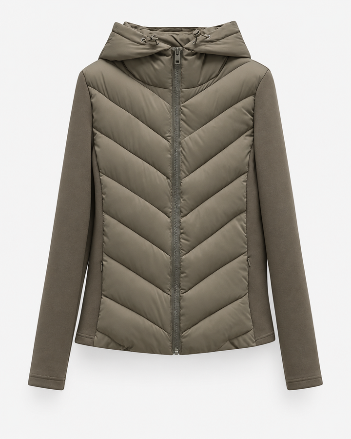 Pufferjas voor dames met capuchon, chevron-stiksels en rits aan de voorkant