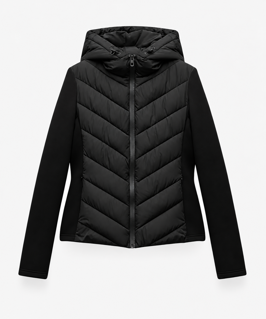 Pufferjas voor dames met capuchon, chevron-stiksels en rits aan de voorkant