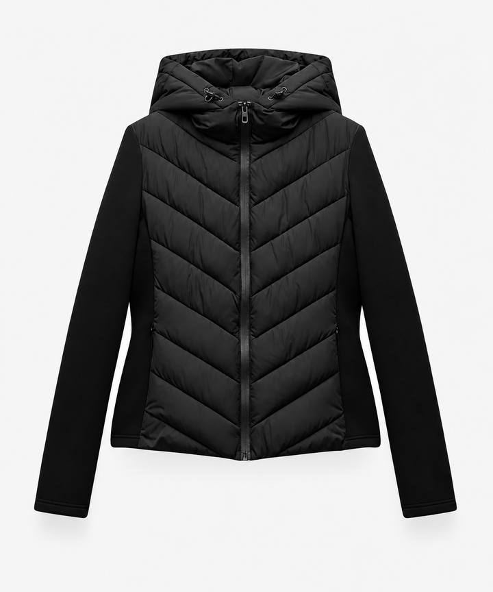 Pufferjas voor dames met capuchon, chevron-stiksels en rits aan de voorkant