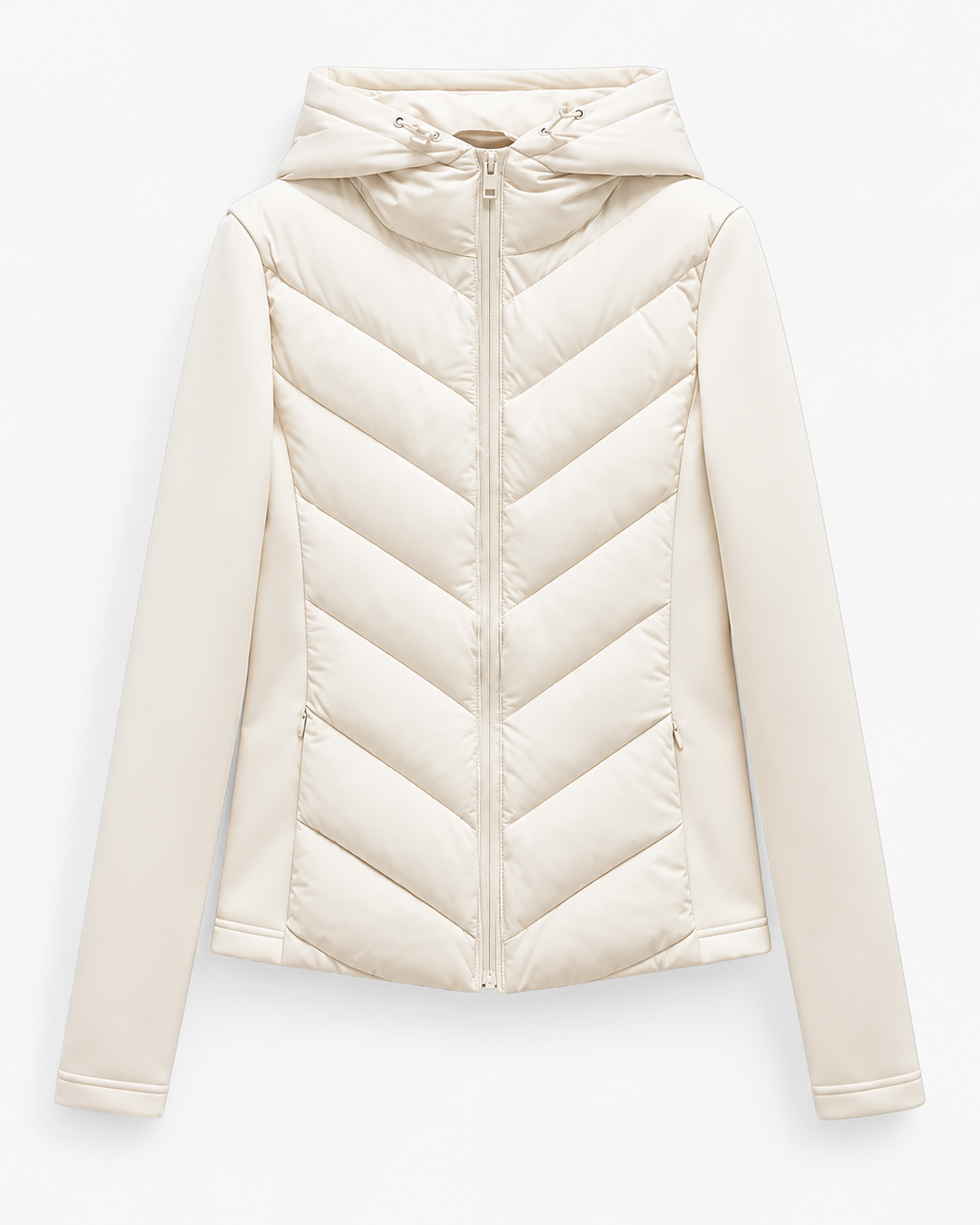 Pufferjas voor dames met capuchon, chevron-stiksels en rits aan de voorkant