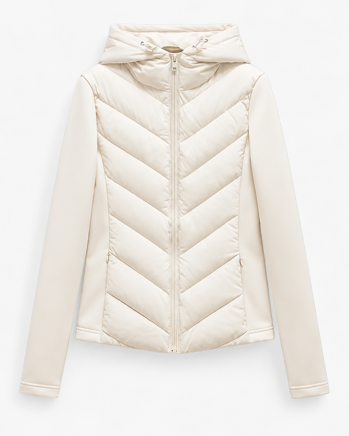 Pufferjas voor dames met capuchon, chevron-stiksels en rits aan de voorkant
