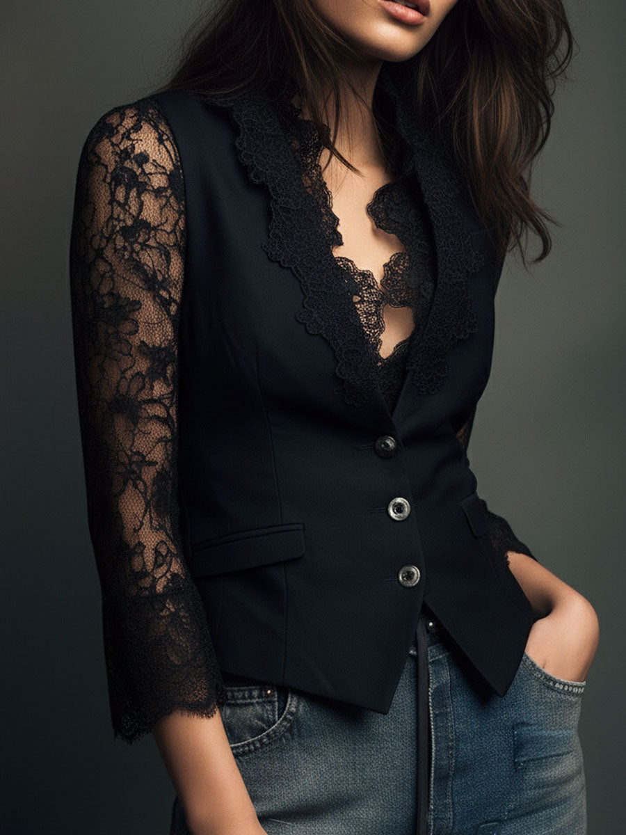 Blazerblouse voor dames met kanten afwerking – elegante avondtop
