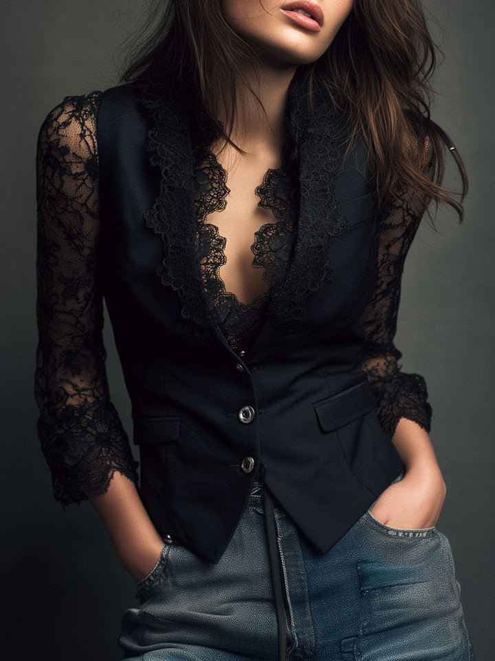 Blazerblouse voor dames met kanten afwerking – elegante avondtop