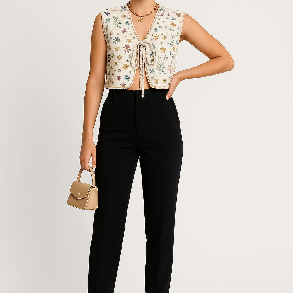 Yamina – Kort Gilet met Bloemenprint en Striksluiting