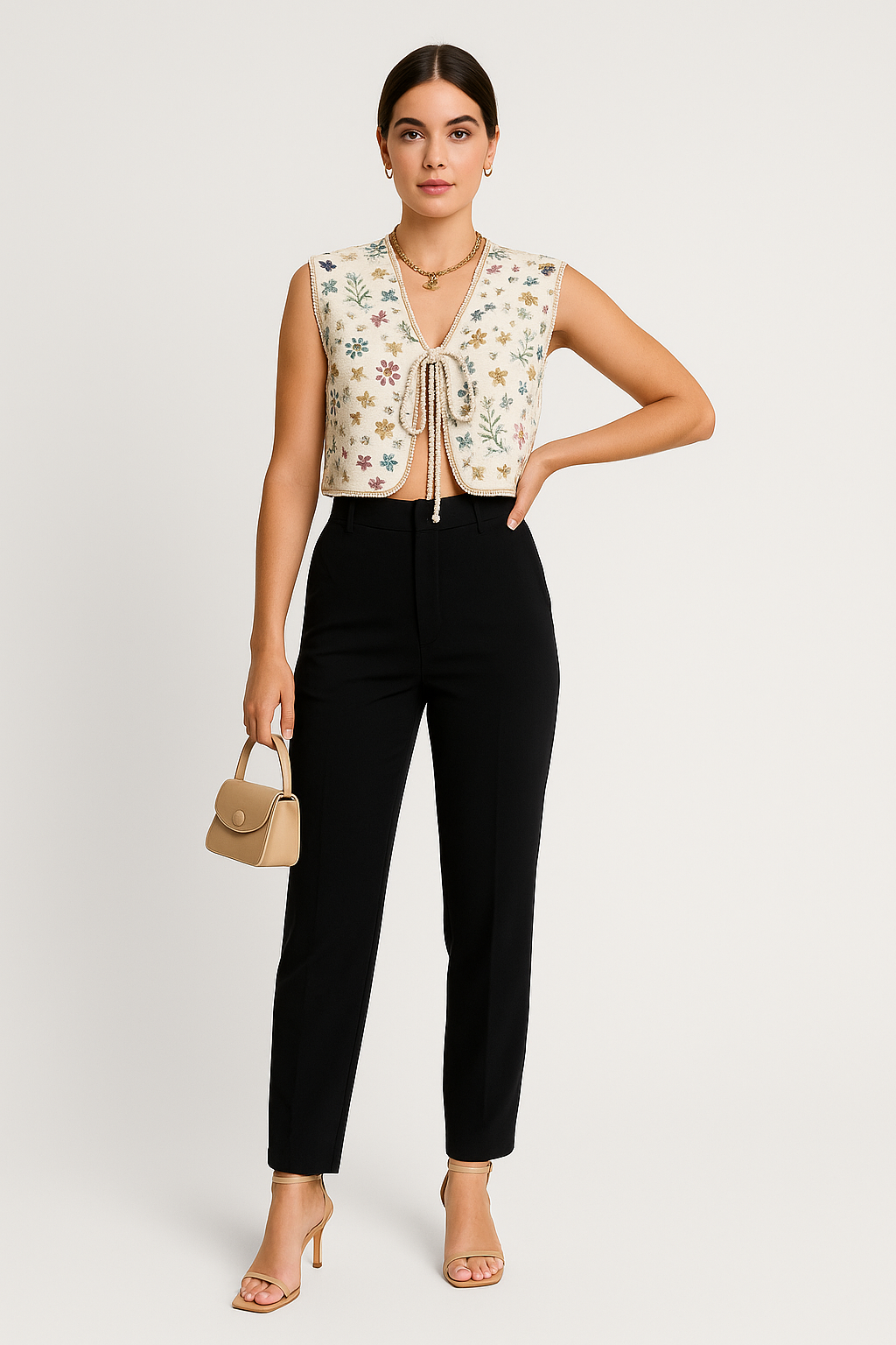 Yamina – Kort Gilet met Bloemenprint en Striksluiting