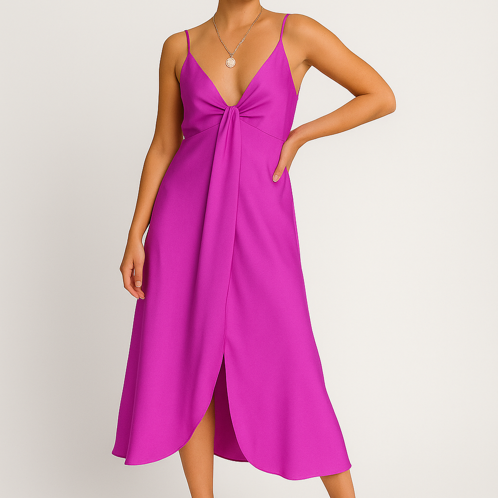 Yvette – V-Hals Jurk met Elegant Knoopdetail - SkinzLine