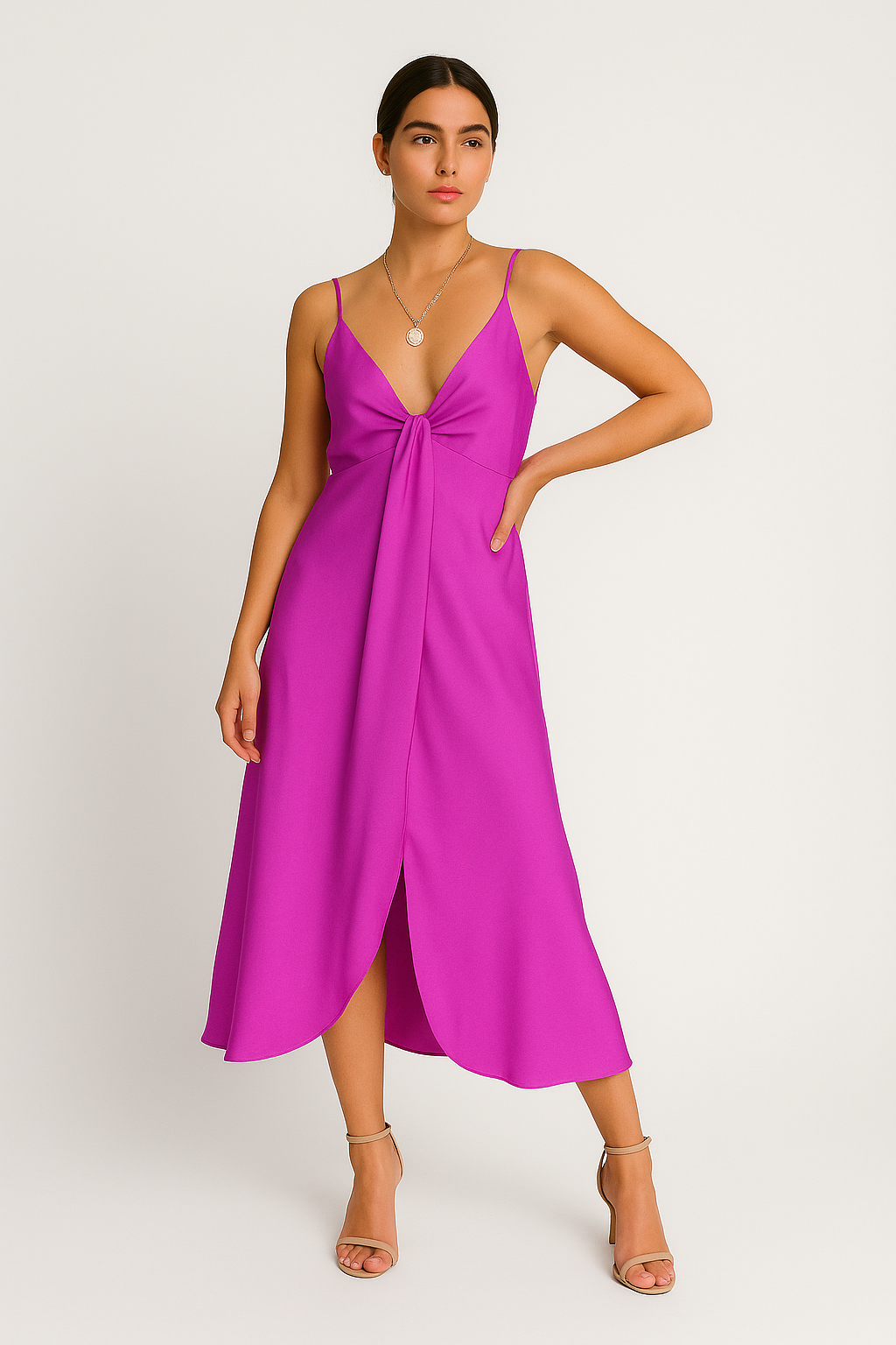 Yvette – V-Hals Jurk met Elegant Knoopdetail - SkinzLine