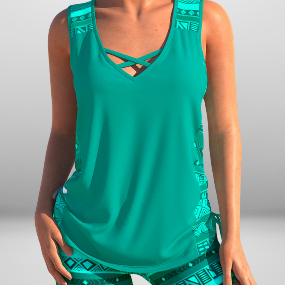 
                  
                    Zantiva – Sportieve Tankini met V-Hals en Grafische Print
                  
                