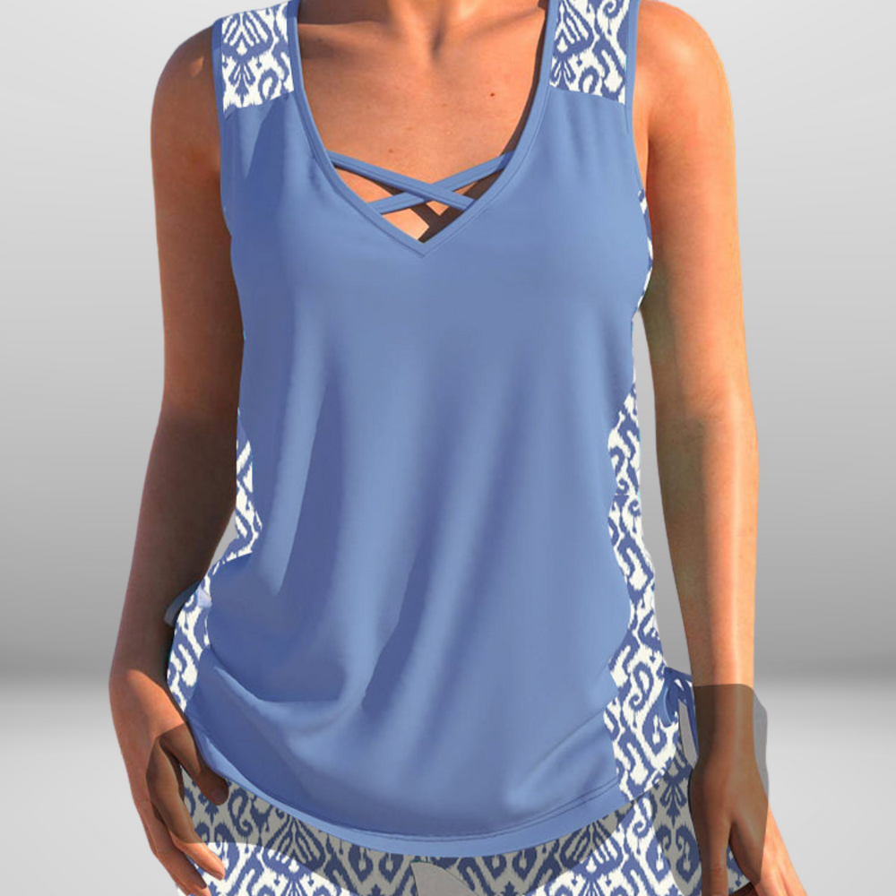 
                  
                    Zantiva – Sportieve Tankini met V-Hals en Grafische Print
                  
                
