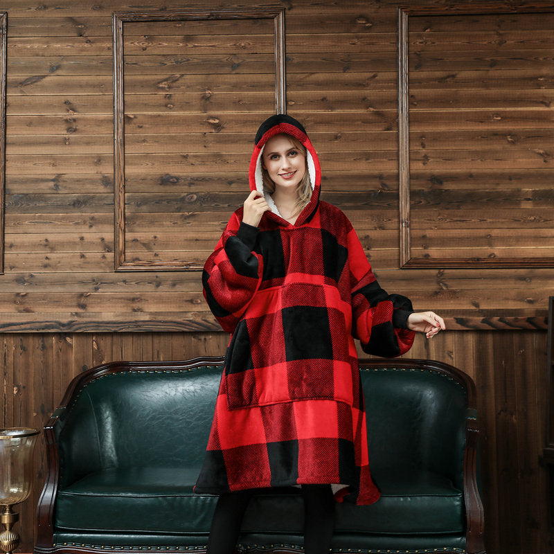 Draagbare deken hoodie met vrolijke print, dubbellaags flanel