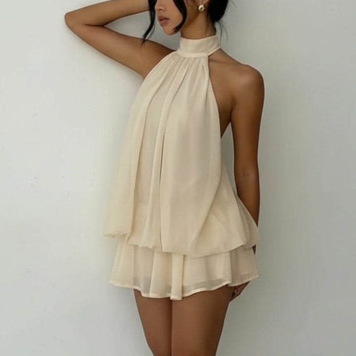 Chiffon Halter Tea Length Dress Sassy Skirt