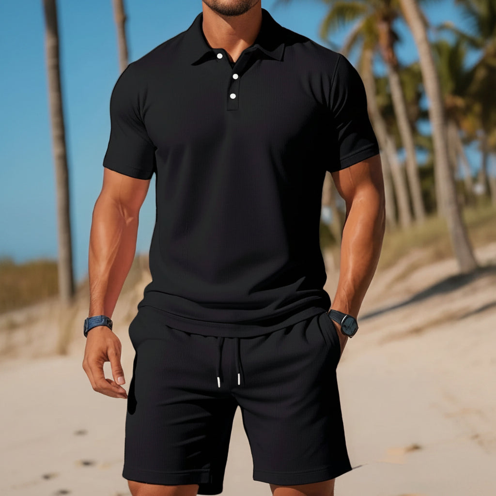 Men's Casual Beach Mesh Lapel Set Summer Comfortable Breathable Loose Solid-Color Sports Short-Sleeved Shirt And Shorts Set