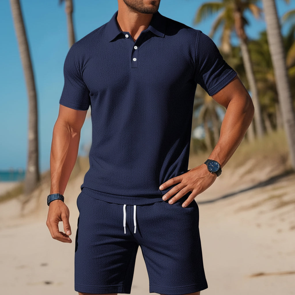 Men's Casual Beach Mesh Lapel Set Summer Comfortable Breathable Loose Solid-Color Sports Short-Sleeved Shirt And Shorts Set