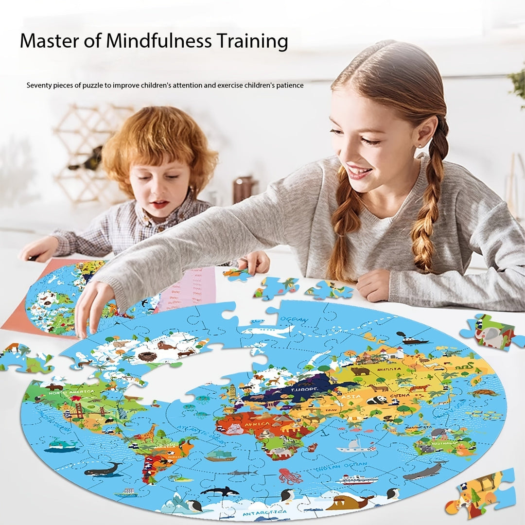 Vloerpuzzel van 70 Stukjes – Rond Wereldkaartdesign voor Kinderen