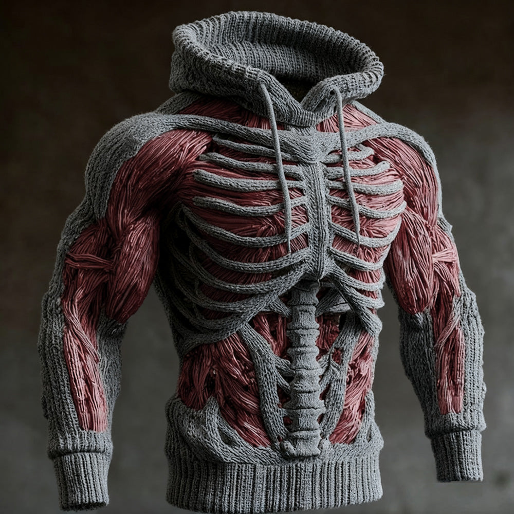 Gebreide Halloween-hoodie voor heren met 3D-skeletontwerp, lange mouwen