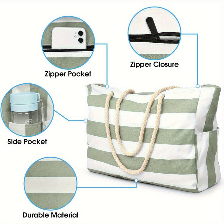 Gestreepte Strandtas met Grote Capaciteit – Duurzaam Polyester met Rits