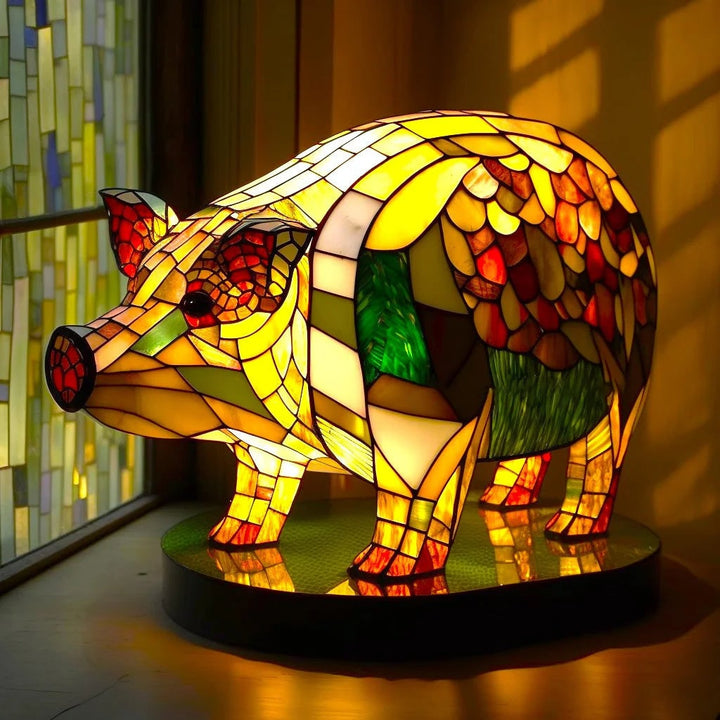Dierenvormige glazen tafellamp met mozaïekontwerp in glas-in-loodstijl en warm ledlicht