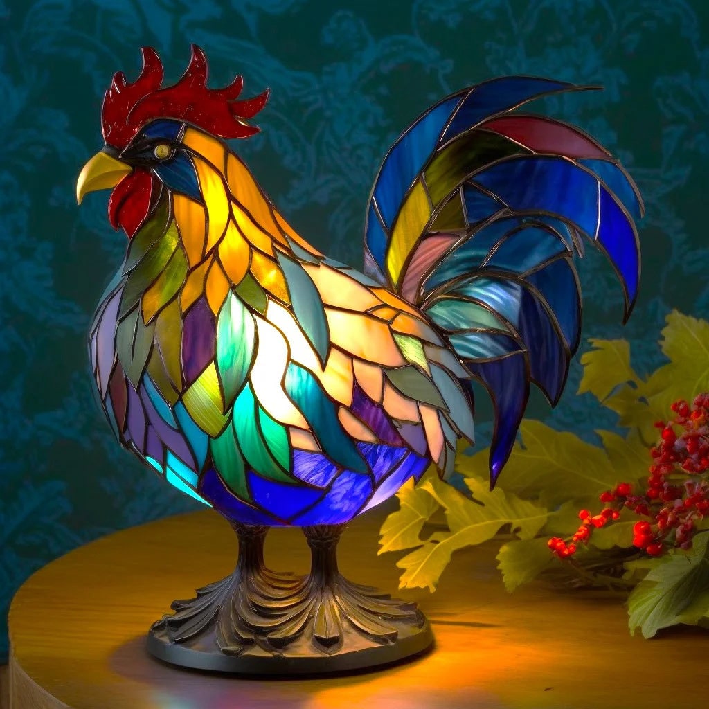 Dierenvormige glazen tafellamp met mozaïekontwerp in glas-in-loodstijl en warm ledlicht