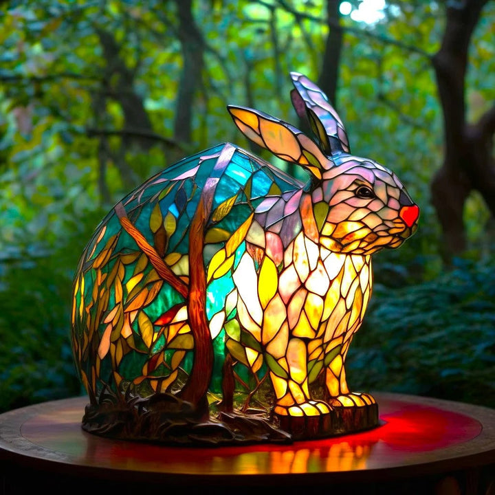 Dierenvormige glazen tafellamp met mozaïekontwerp in glas-in-loodstijl en warm ledlicht