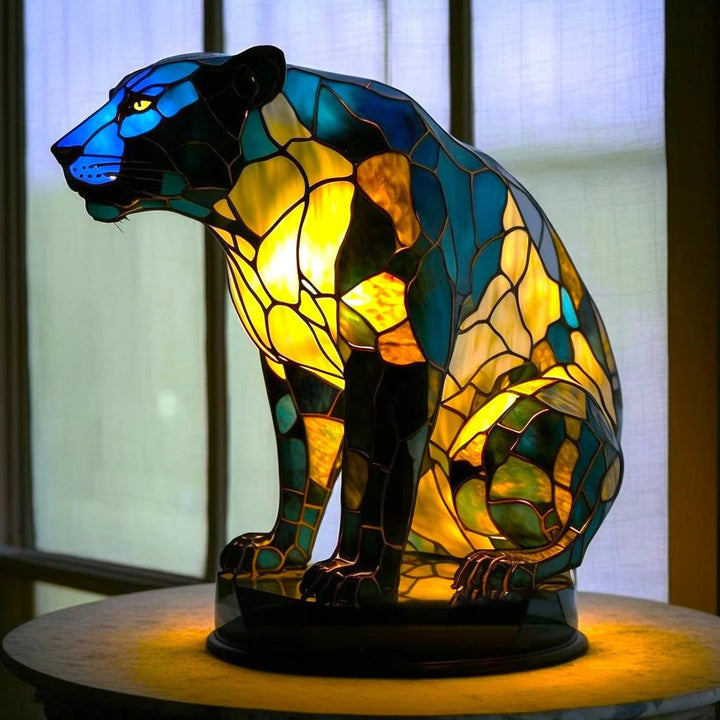 Dierenvormige glazen tafellamp met mozaïekontwerp in glas-in-loodstijl en warm ledlicht