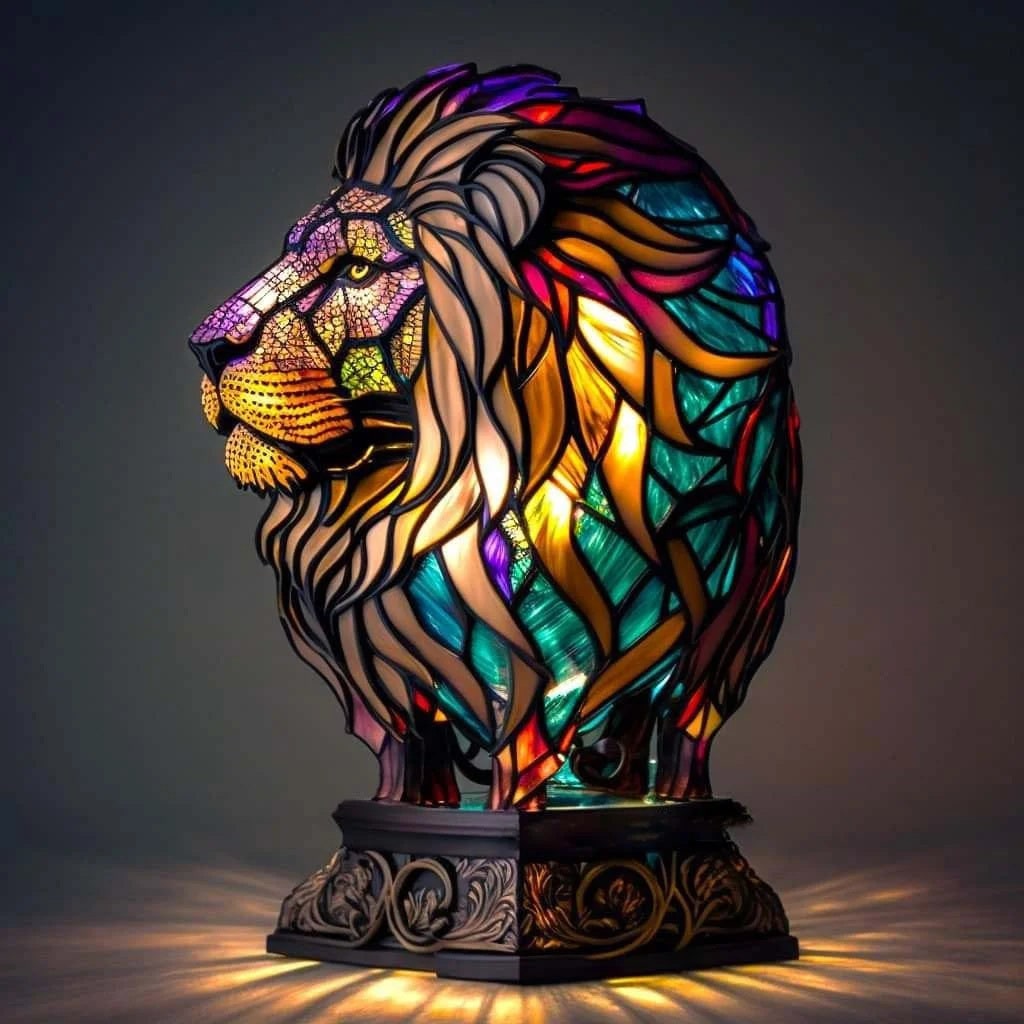 Dierenvormige glazen tafellamp met mozaïekontwerp in glas-in-loodstijl en warm ledlicht