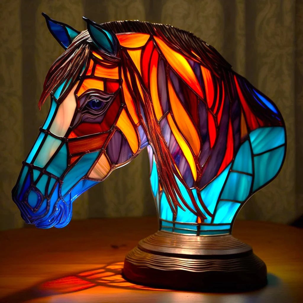 Dierenvormige glazen tafellamp met mozaïekontwerp in glas-in-loodstijl en warm ledlicht