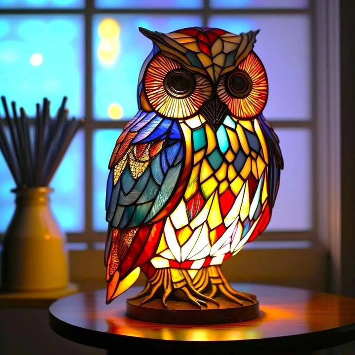 Dierenvormige glazen tafellamp met mozaïekontwerp in glas-in-loodstijl en warm ledlicht