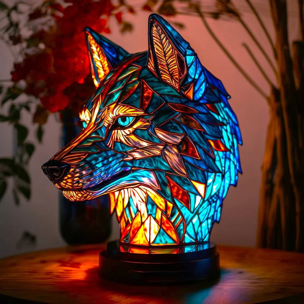 Dierenvormige glazen tafellamp met mozaïekontwerp in glas-in-loodstijl en warm ledlicht