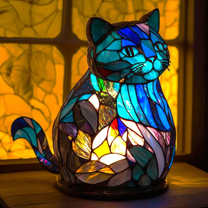 Dierenvormige glazen tafellamp met mozaïekontwerp in glas-in-loodstijl en warm ledlicht