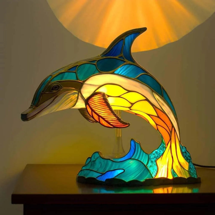 Dierenvormige glazen tafellamp met mozaïekontwerp in glas-in-loodstijl en warm ledlicht