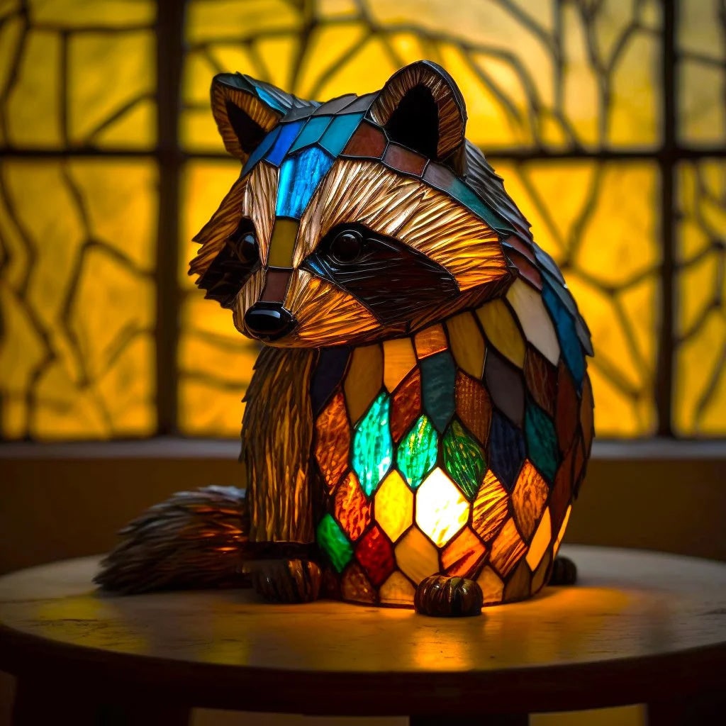 Dierenvormige glazen tafellamp met mozaïekontwerp in glas-in-loodstijl en warm ledlicht