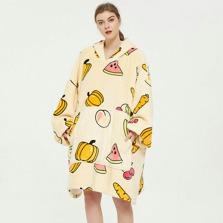 Draagbare deken hoodie met vrolijke print, dubbellaags flanel