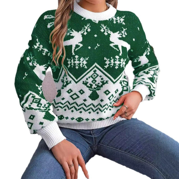Kersttrui met rendieren en pofmouwen voor dames – rood of groen