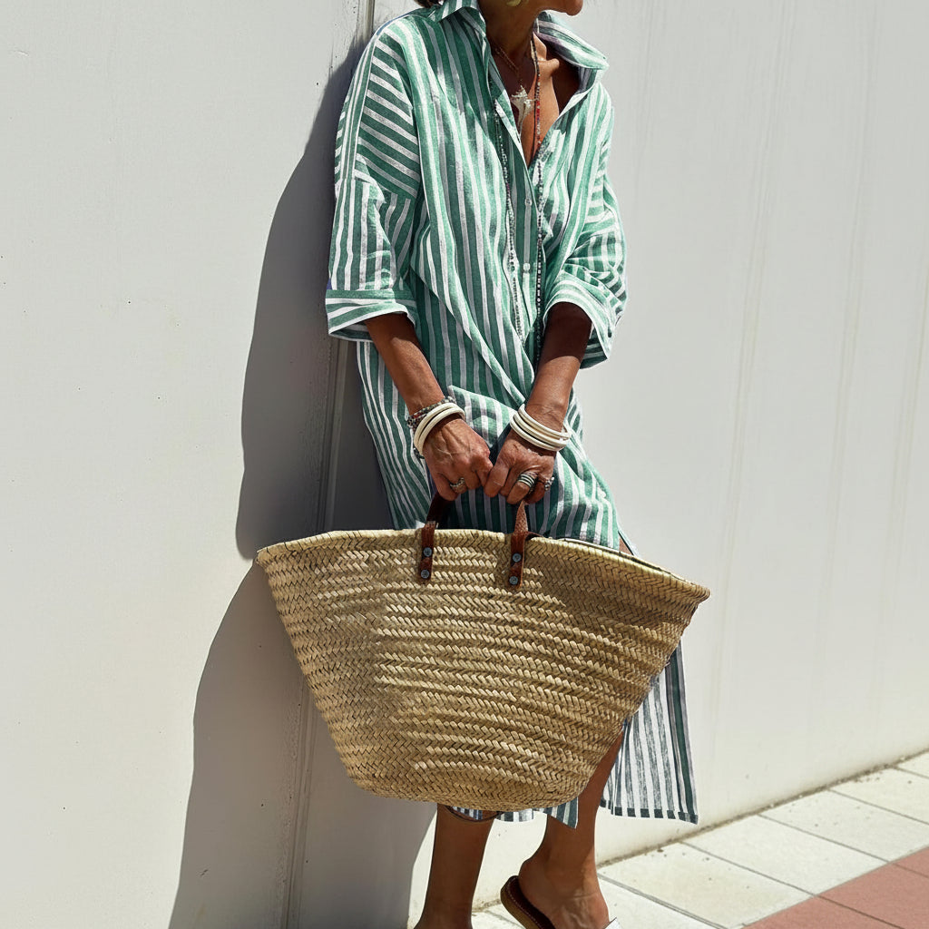 Striped Shirt Dress With Belt Fashion Half-sleeved Lapel Button Cardigan Dresses Women's Clothing