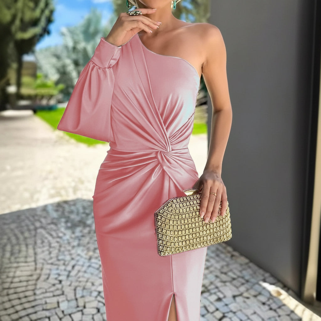 Women's Diagonal Shoulder Knot Split Solid Color Slim Fit Dress