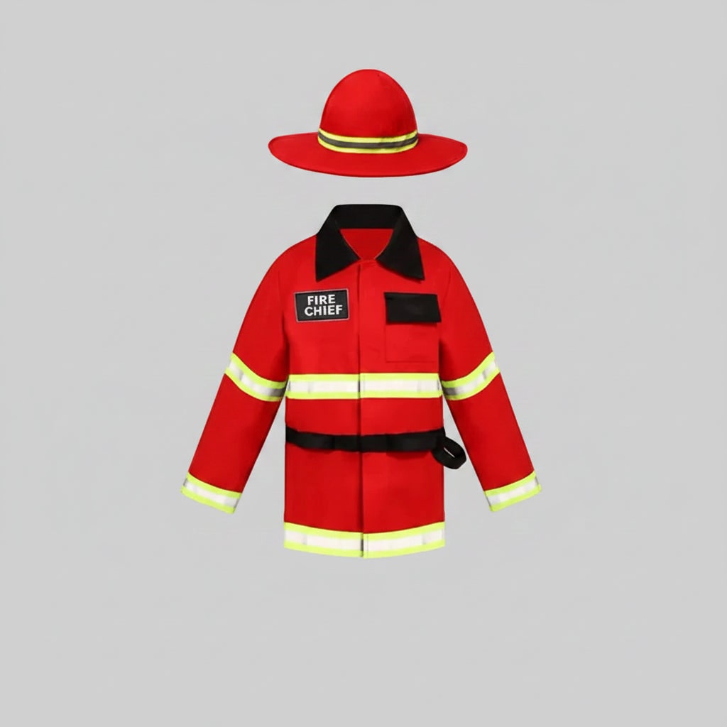 Halloween brandweerkostuum voor jongens met reflecterende strepen en brandweercommandant-badge, verkleedoutfit