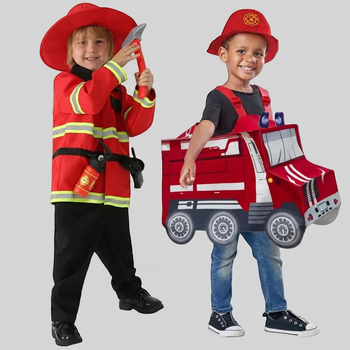 Halloween brandweerkostuum voor jongens met reflecterende strepen en brandweercommandant-badge, verkleedoutfit