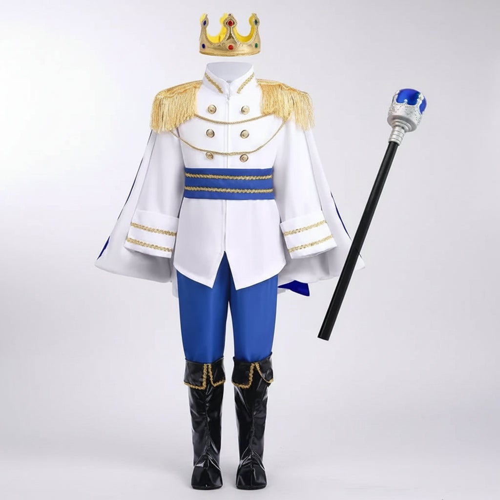 Halloween prinsenkostuum voor jongens met kroon en scepter voor koninklijk verkleedfeest