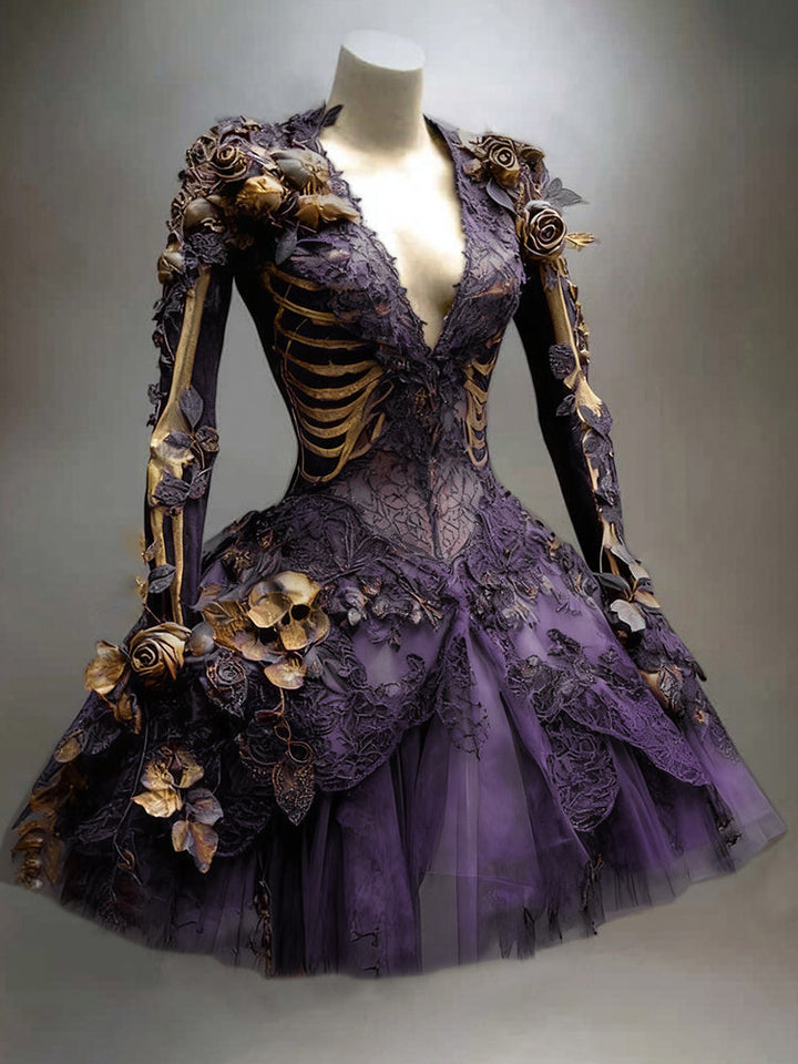 Gothic skeletjurk voor dames met lange mouwen, mini, voor Halloween