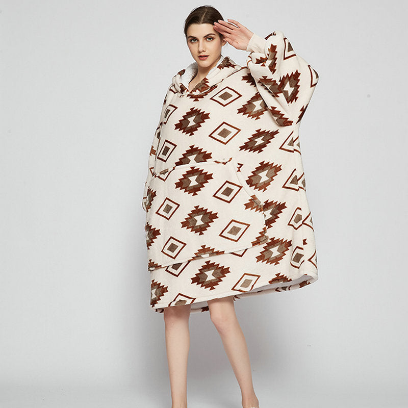 Draagbare deken hoodie met vrolijke print, dubbellaags flanel