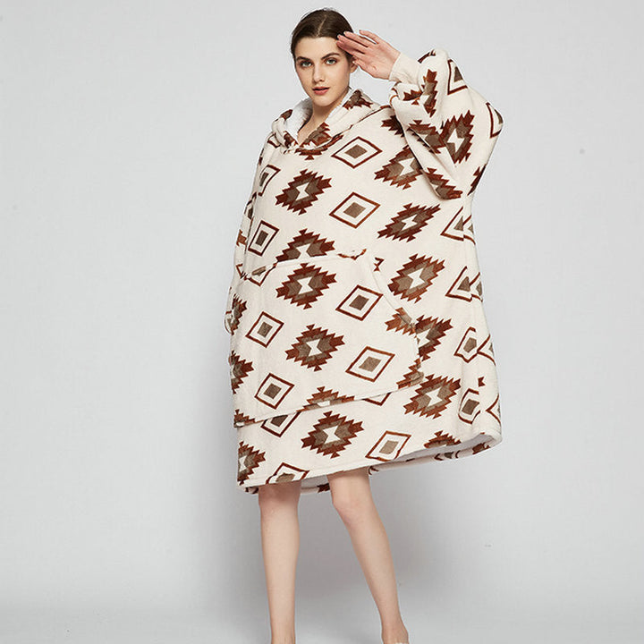 Draagbare deken hoodie met vrolijke print, dubbellaags flanel