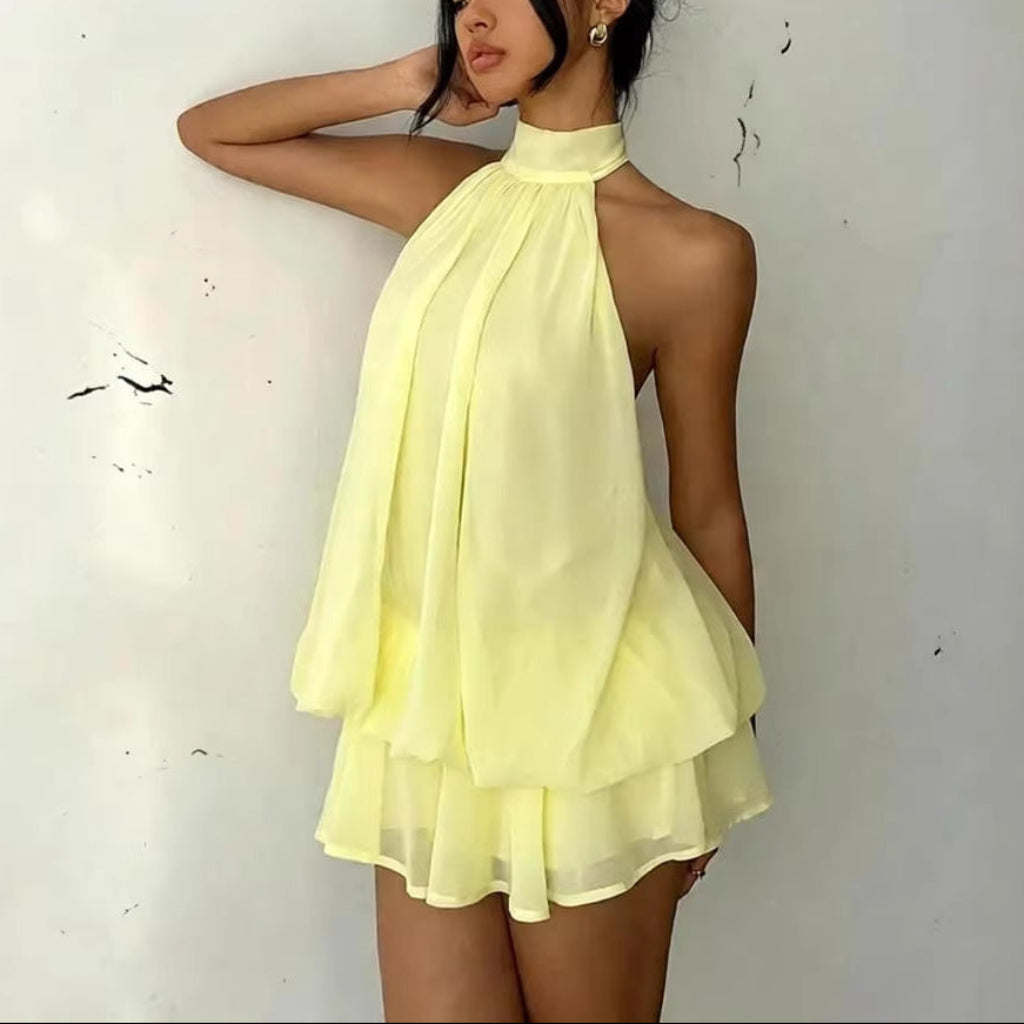Chiffon Halter Tea Length Dress Sassy Skirt